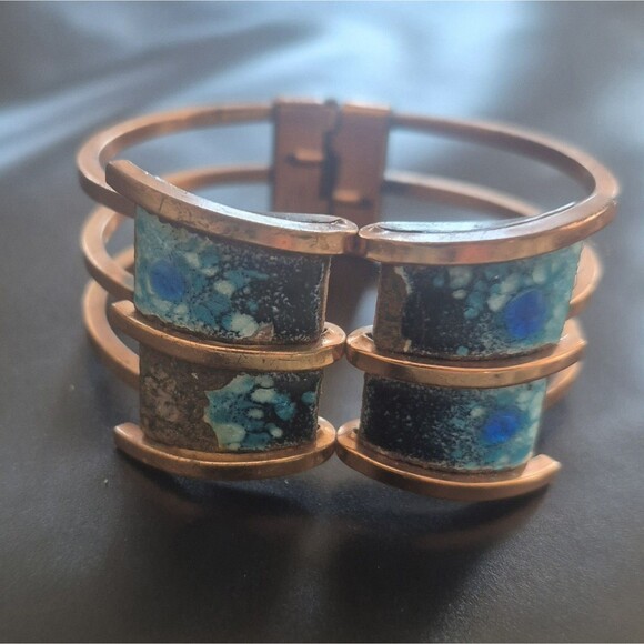 Renoir Matisse Copper Blue Enamel Clamper Bracelet Enamel Loss & Earrings Set - Picture 3 of 6